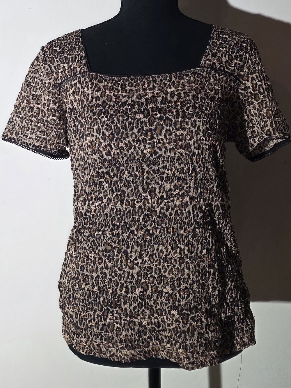 East 5th Leopard Print Square Neck Short Sleeve Top - Brown/Black (Sz L)